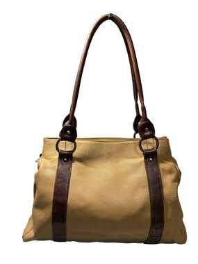 VALENTINA Italy Tan Pebbled Leather Two-Tone Tote Shoulder Bag Large